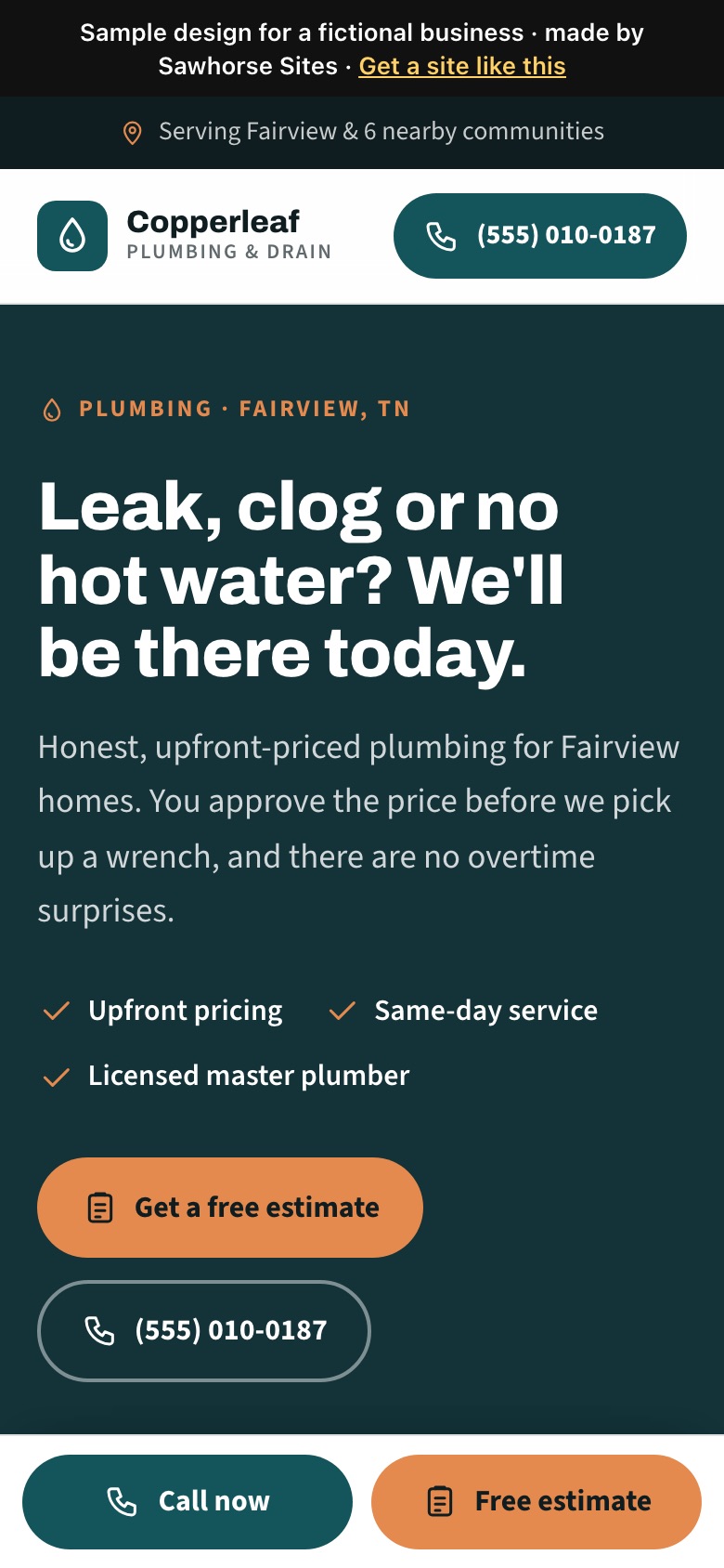 Sample website for a fictional plumbing company on a phone, with large Call now and Free estimate buttons