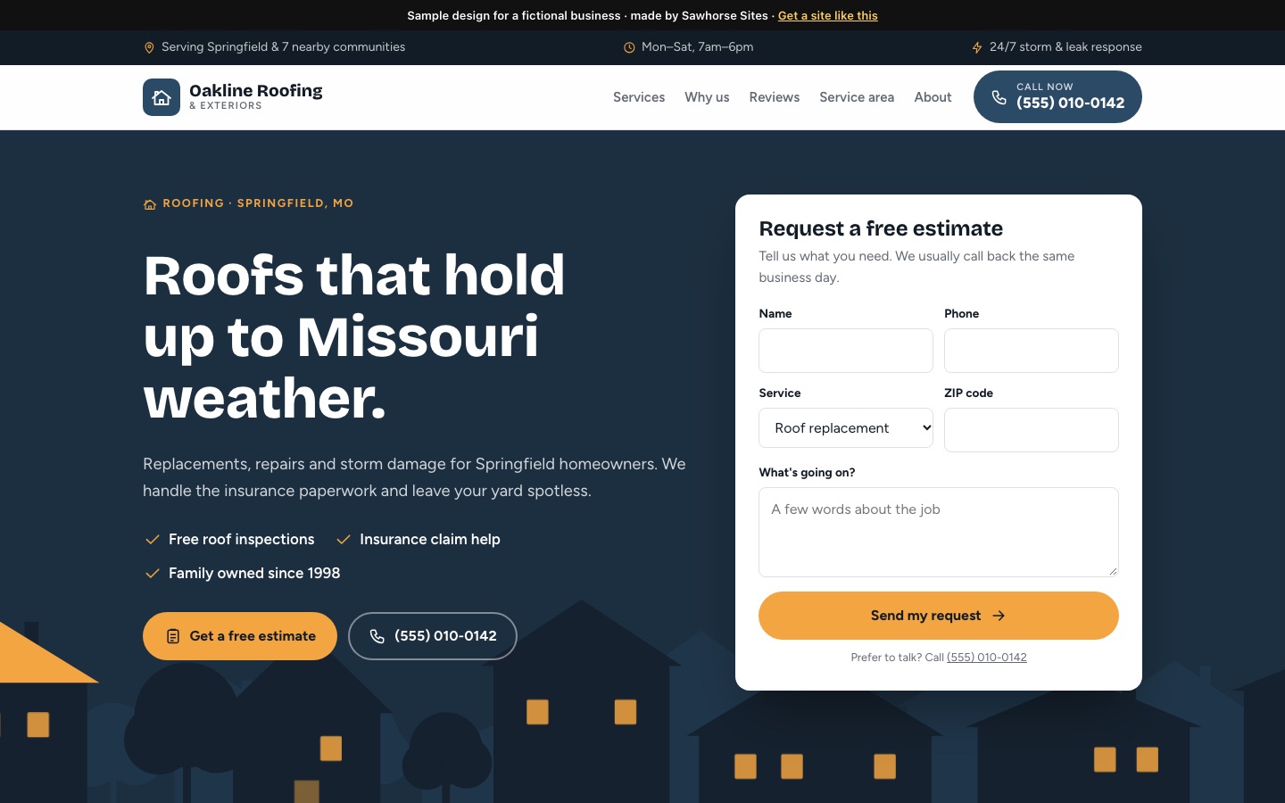 Sample website for a fictional roofing company, with a dark blue hero, an estimate request form and a call button